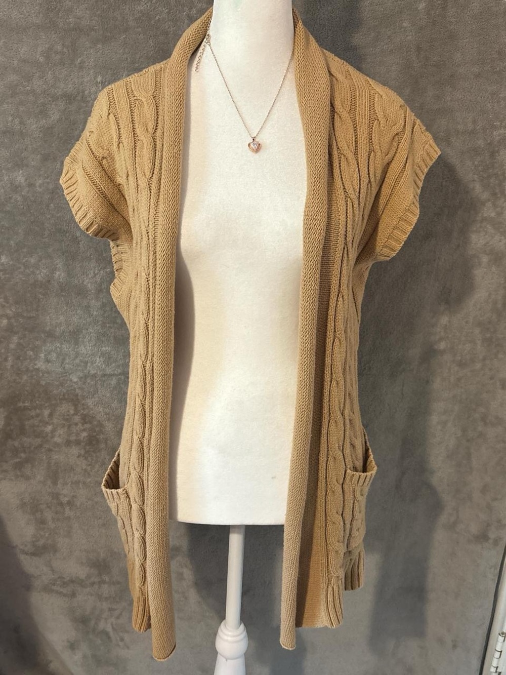Vintage Short Sleeve Open Front Chaps Tan Knitted Boho Cardigan
